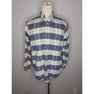 Hunt Club Mens Button Up Shirt Medium Long Sleeve White and Blue Plaid Collar